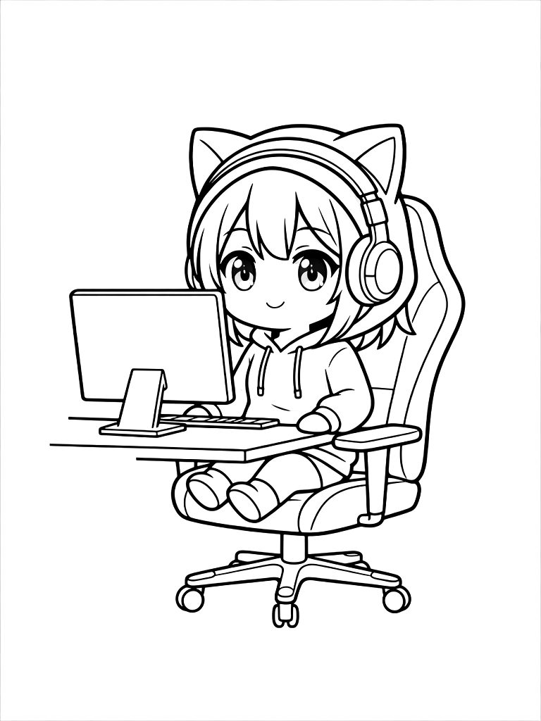 Kawaii Anime Girl With Large Headphones And A Cat-ear Hoodie Sitting In A Gaming Chair With A Monitor Coloring Page