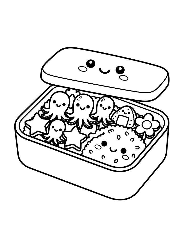 Kawaii Bento Box With Octopus-shaped Sausages And Star-shaped Yellow Carrots Coloring Page — free printable for kids and adults