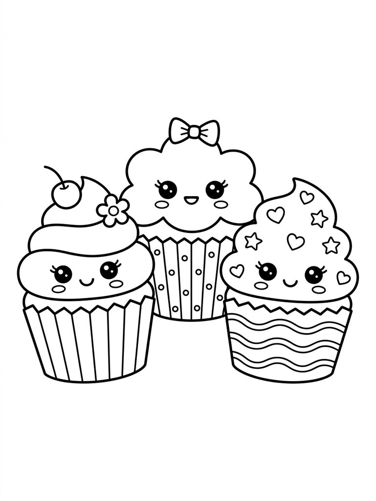 Kawaii Cupcake Trio Coloring Page