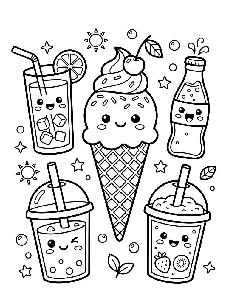 Kawaii Ice Cream And Summer Cold Drinks coloring page — free printable for kids and adults