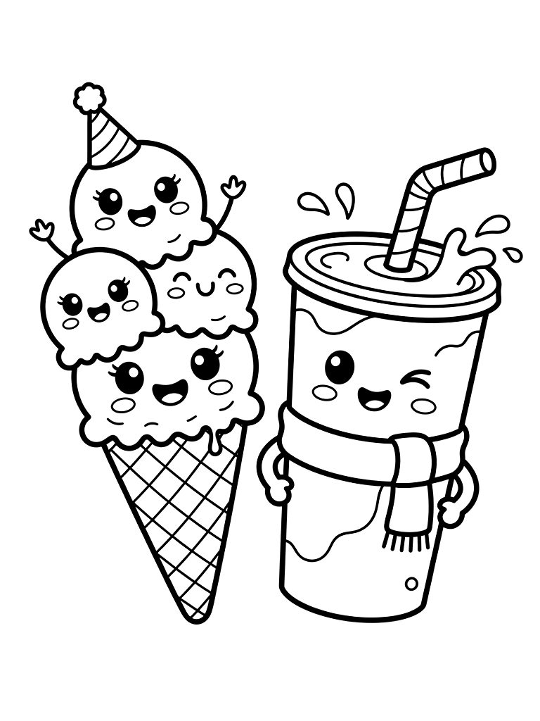 Kawaii Ice Cream & Cold Drinks Coloring Page