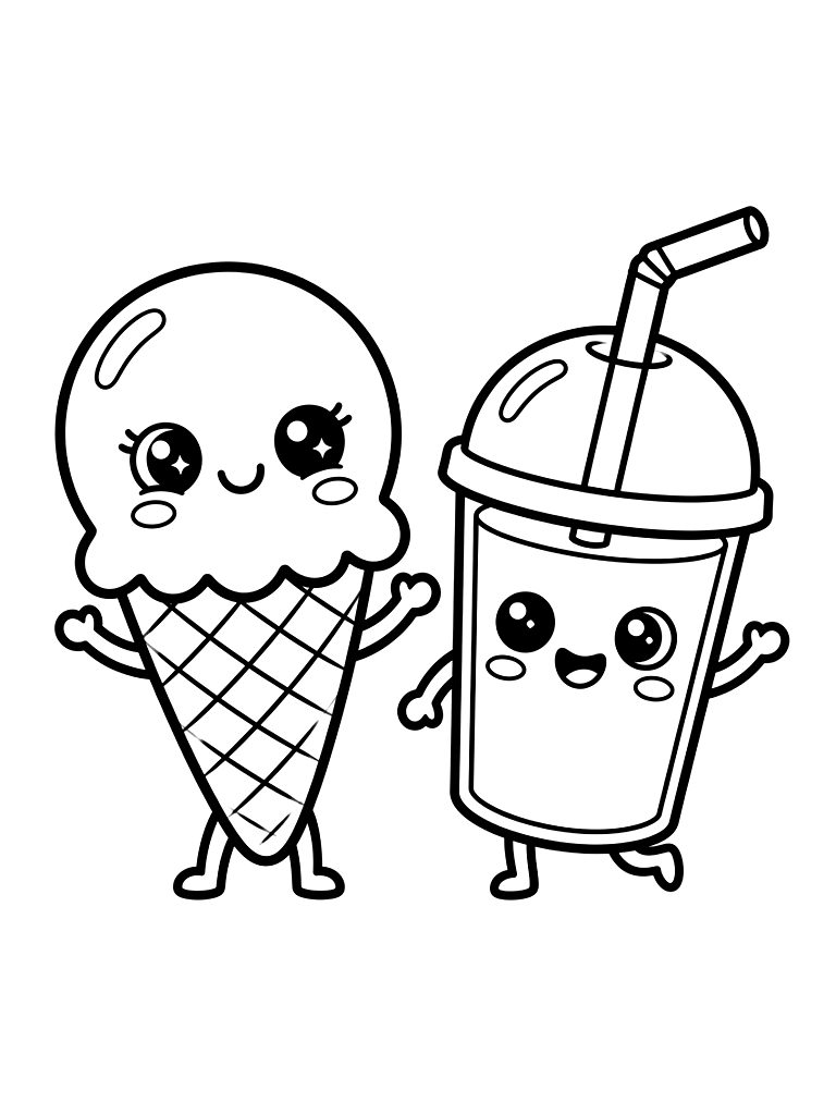 Kawaii Ice Cream & Cold Drinks Coloring Page