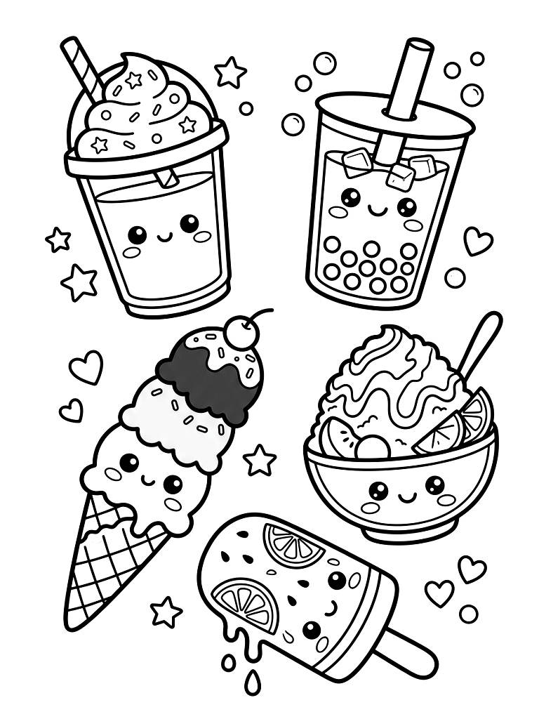 Kawaii Iced Drinks & Summer Desserts coloring page — free printable for kids and adults