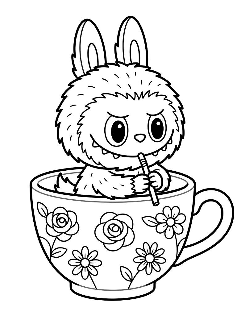Kawaii Labubu Monster Character Sitting In A Giant Porcelain Teacup Decorated With Pastel Flowers And Drinking From A Tiny Straw coloring page — free printable for kids and adults