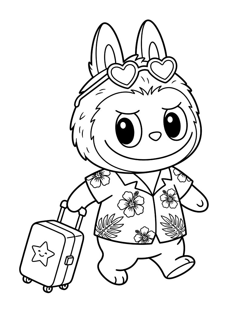 Kawaii Labubu Monster Wearing Tiny Heart-Shaped Sunglasses And A Floral Hawaiian Shirt Pulling A Mini Rolling Suitcase coloring page — free printable for kids and adults