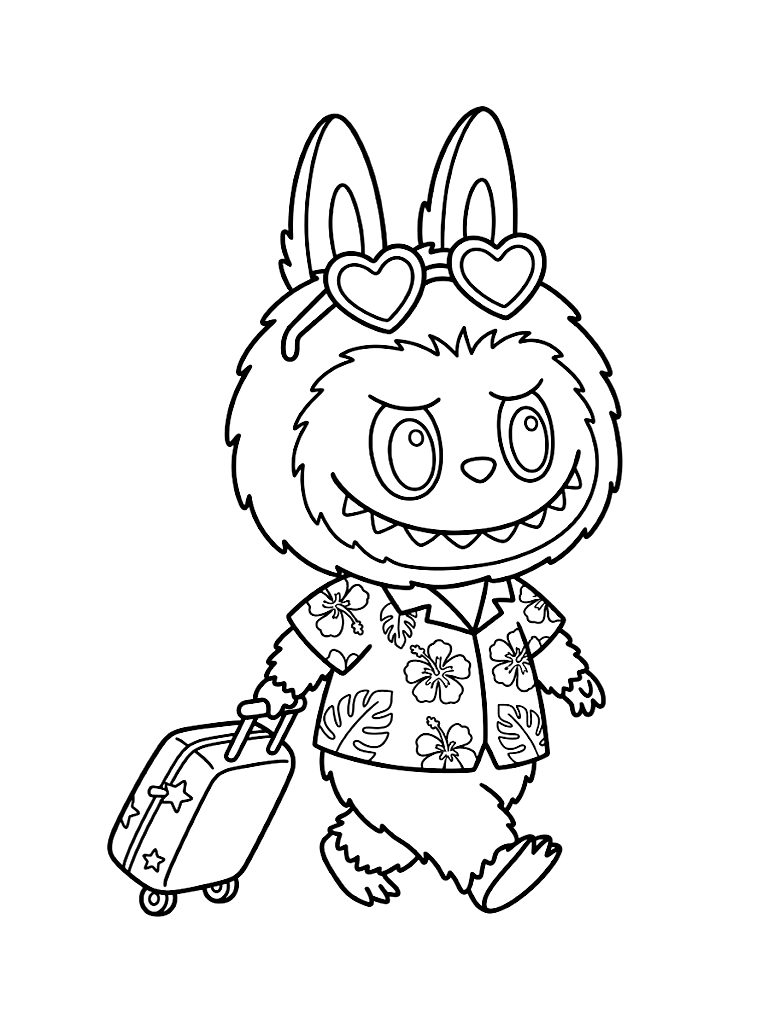 Kawaii Labubu Monster Wearing Tiny Heart-Shaped Sunglasses And A Floral Hawaiian Shirt Pulling A Mini Rolling Suitcase coloring page — free printable for kids and adults