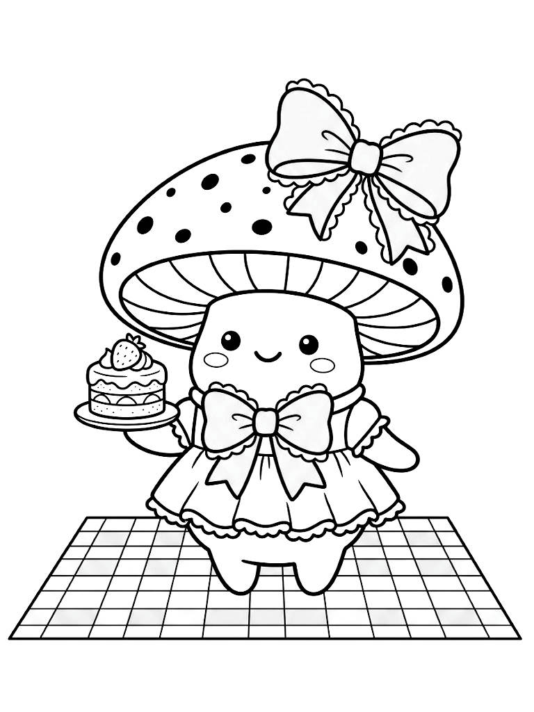 Kawaii Mushroom Character Wearing A Frilly Coquette Pink Bow And Holding A Tiny Strawberry Shortcake On A Pastel Checkered Picnic Blanket Coloring Page