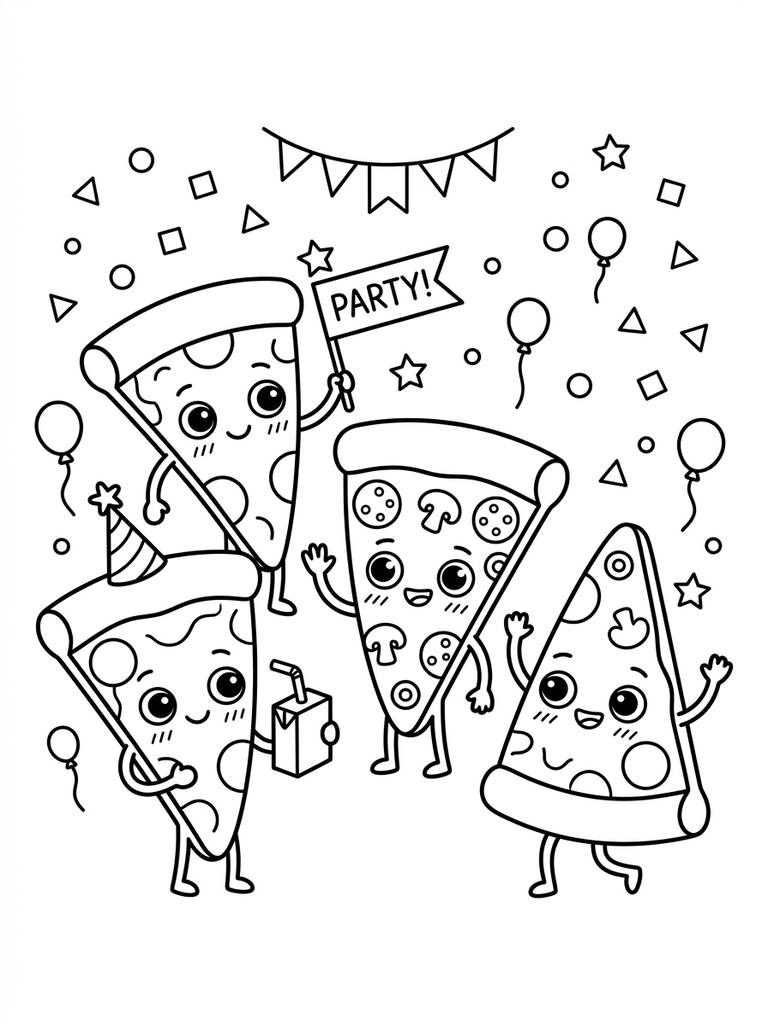 Kawaii Pizza Slice Party Coloring Page