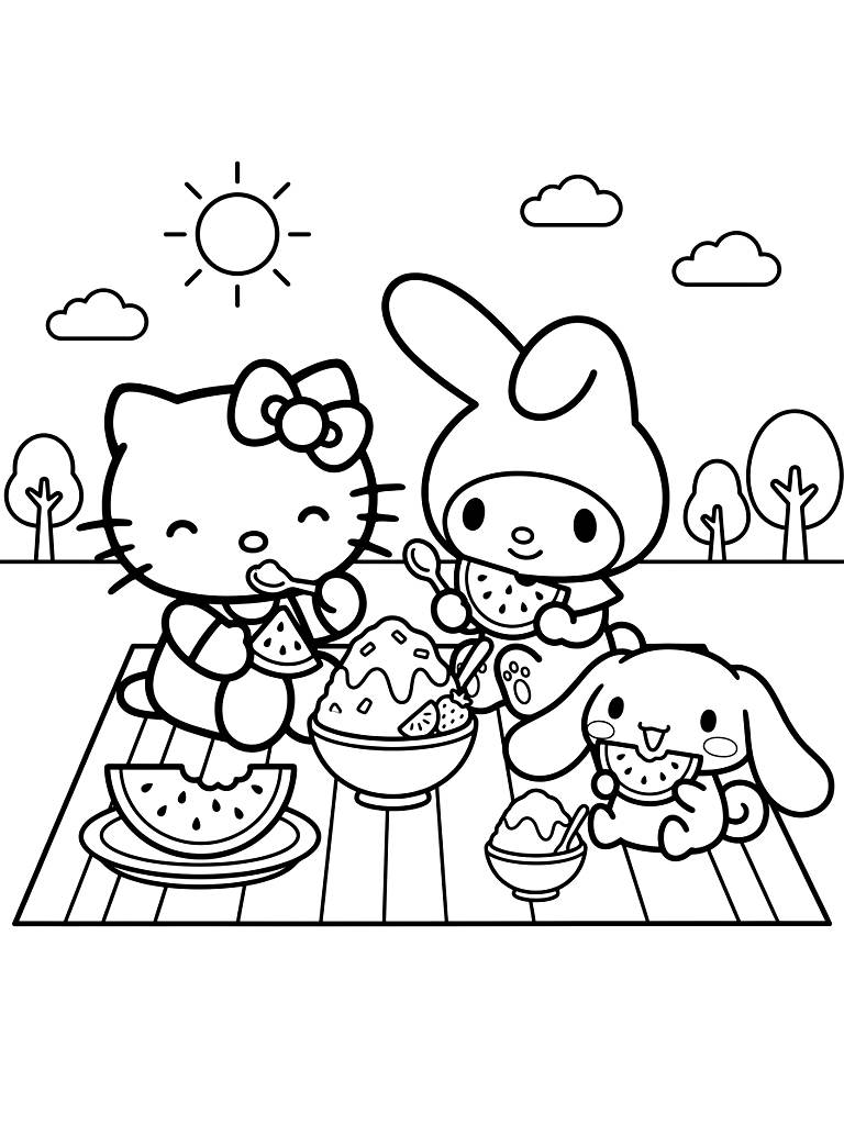 Kawaii Sanrio Characters Eating Shaved Ice & Watermelon coloring page — free printable for kids and adults
