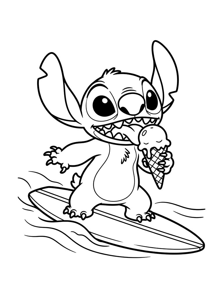 Kawaii Stitch Eating Ice Cream And Surfing coloring page — free printable for kids and adults