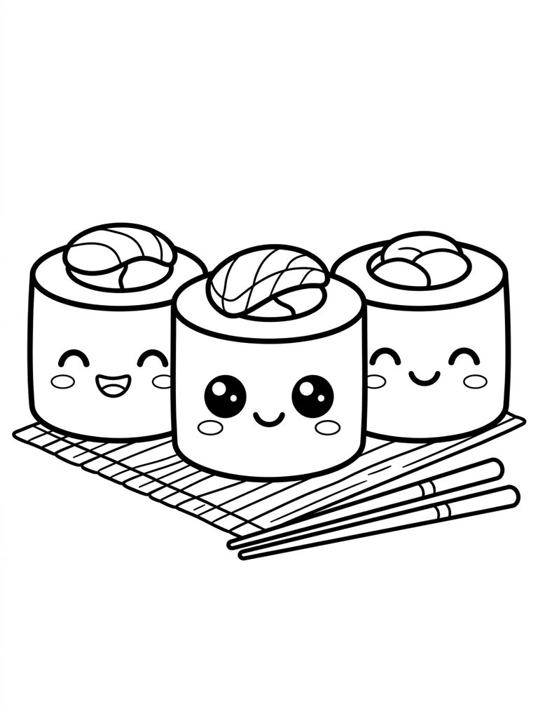 Kawaii Sushi Rolls With Faces Coloring Page
