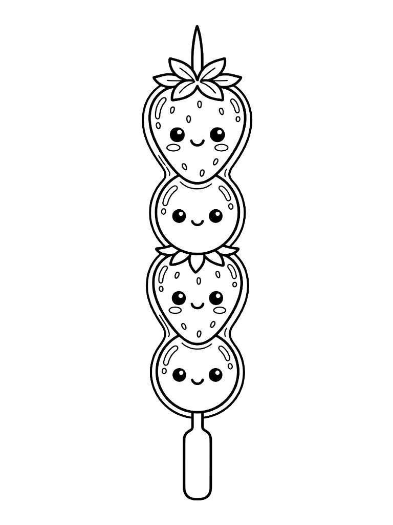 Kawaii Tanghulu Skewer Of Candied Strawberries And Green Grapes With Cute Happy Faces And A Shiny Sugary Glaze coloring page — free printable for kids and adults