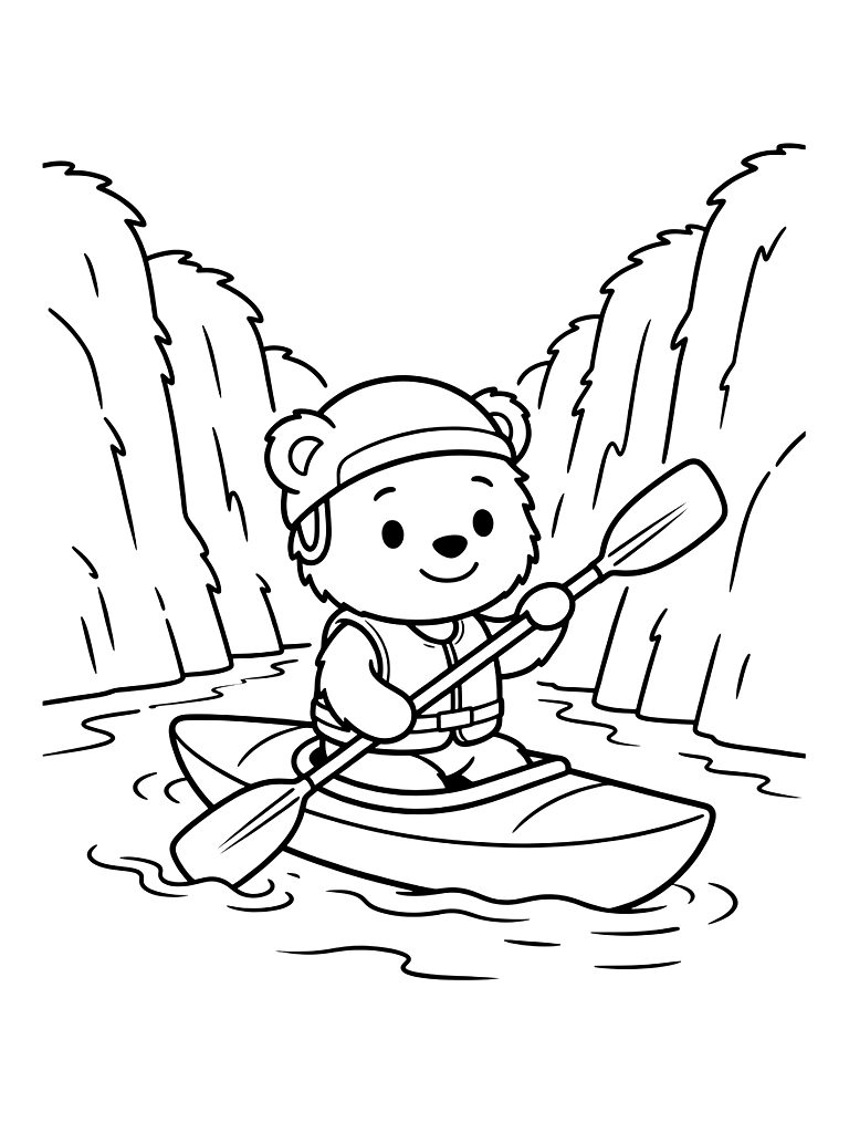 Kayaker Paddling Through A Narrow River Canyon With Bright Turquoise Water Coloring Page — free printable for kids and adults