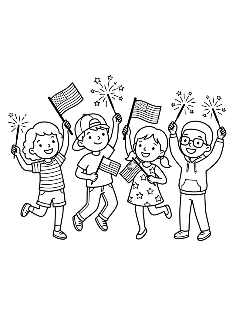 Kids Celebrating With Sparklers And American Flags Coloring Page