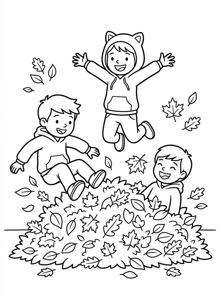 Kids In Hoodies Jumping Into A Pile Of Autumn Leaves Coloring Page
