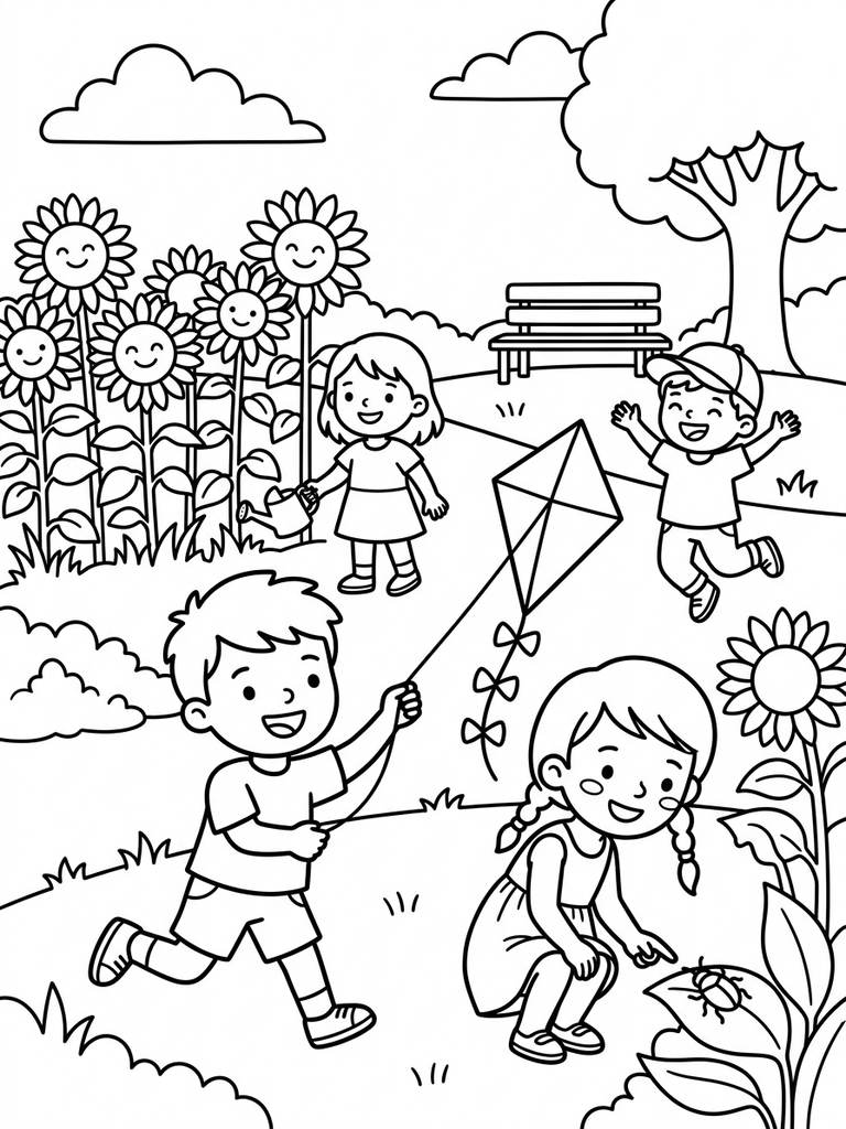 Kids Playing In A Summer Park With Sunflowers Coloring Page