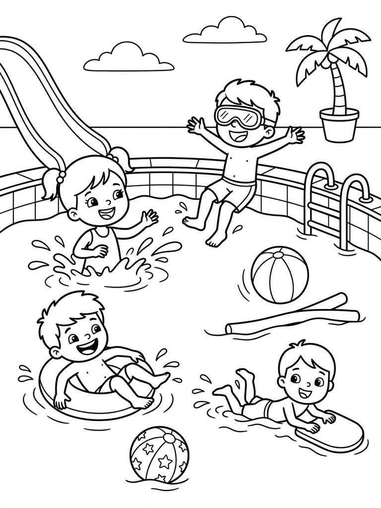 Kids Playing In The Pool Coloring Page