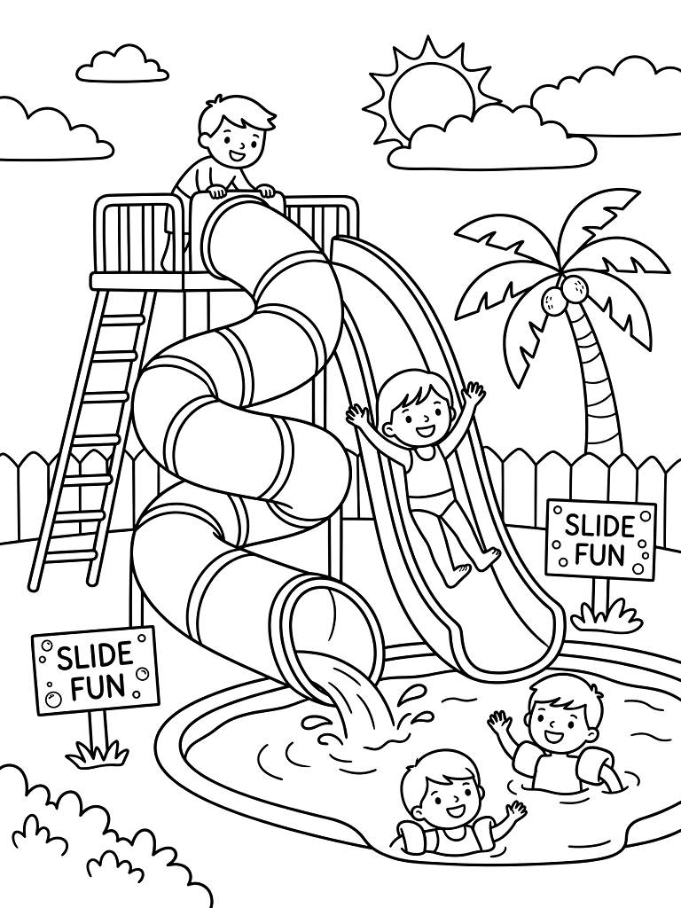 Kids Swimming And Water Park Slides Coloring Page