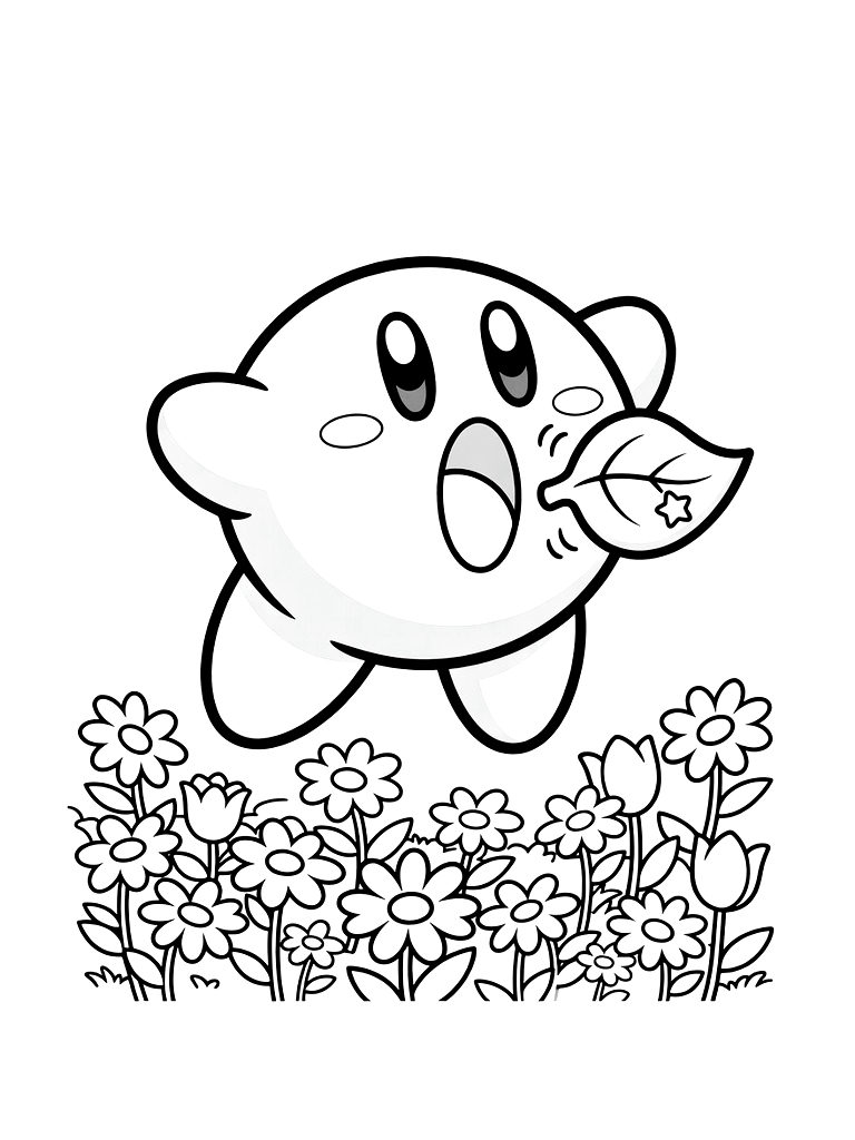 Kirby In A Field Of Flowers Swallowing A Spring Leaf Power-up Coloring Page