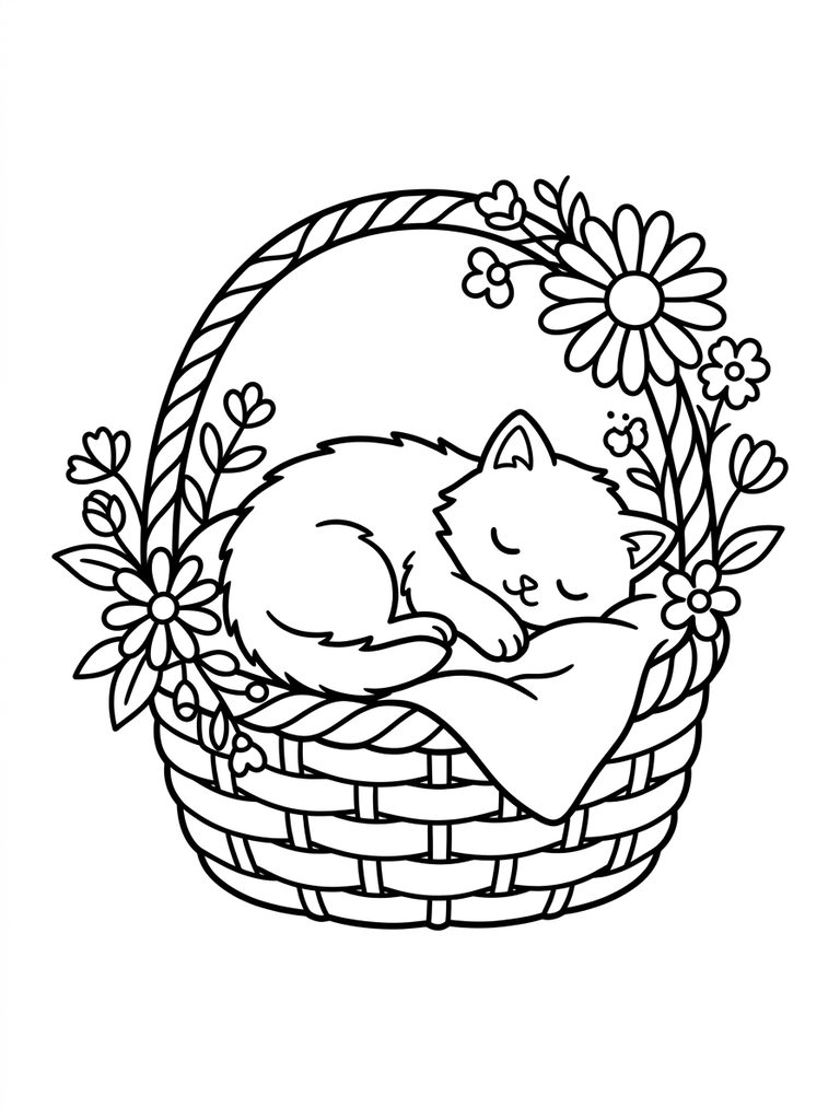 Kitten Sleeping Curled Up, Cozy Basket With Flowers Coloring Page