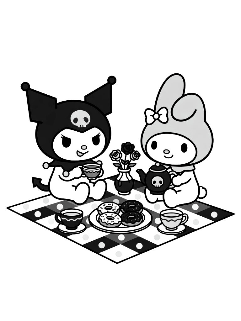 Kuromi And My Melody Having A Goth-Pastel Picnic With Skull-shaped Donuts And Pink Tea Coloring Page — free printable for kids and adults