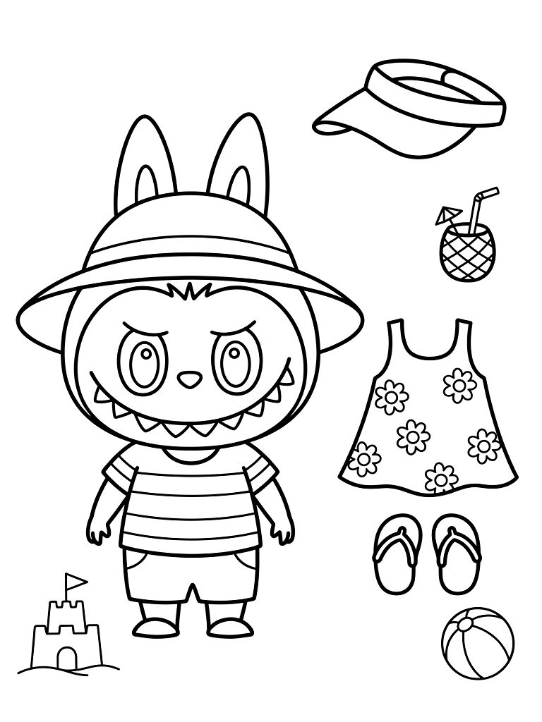 Labubu And Pop Mart Summer Beach Outfits Coloring Page