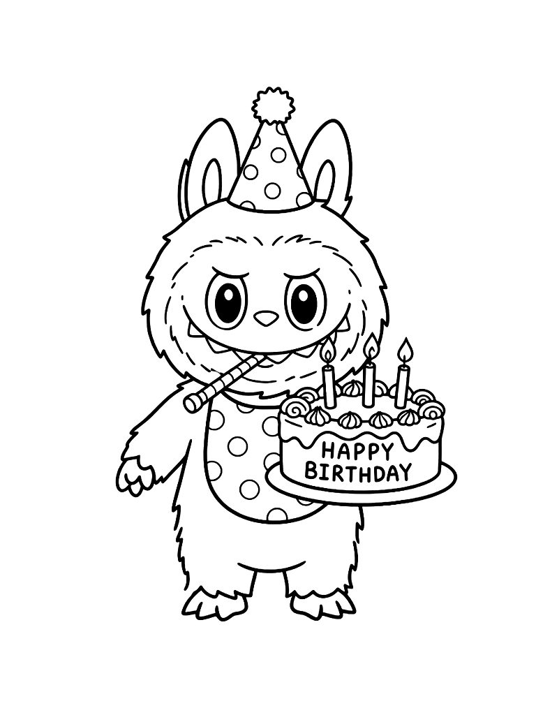 Labubu Birthday Party With Cake coloring page — free printable for kids and adults