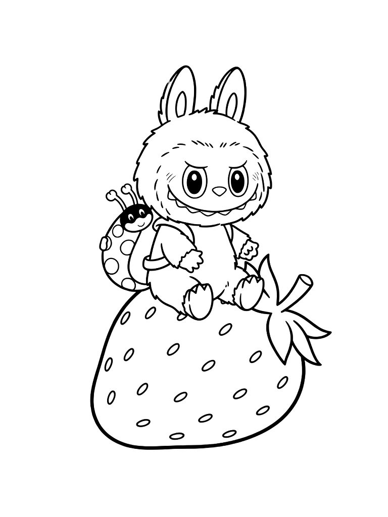 Labubu Character Sitting On A Giant Strawberry And Wearing A Cute Ladybug-themed Backpack coloring page — free printable for kids and adults
