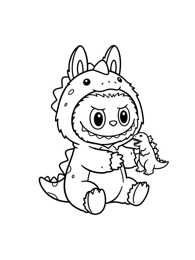 Labubu Character Wearing A Dinosaur Onesie And Playing With A Small Toy Godzilla Coloring Page
