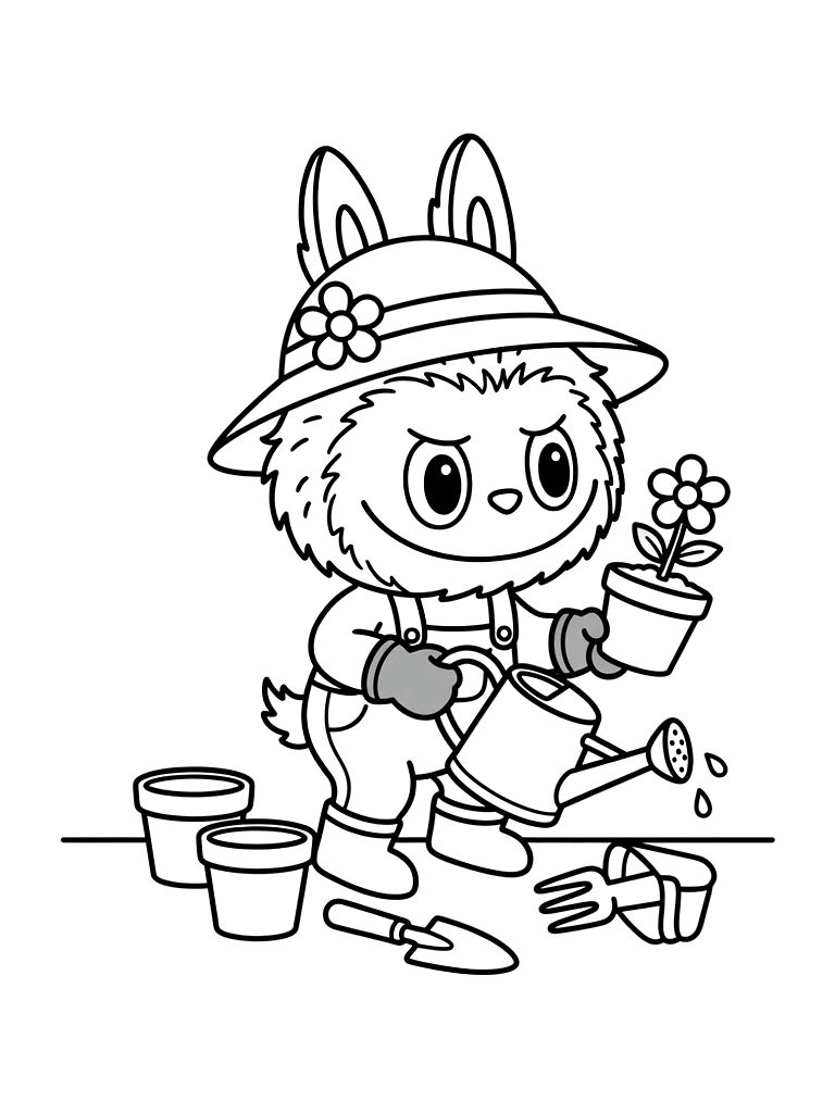 Labubu Dressed As A Spring Gardener With A Watering Can And Flower Pots Coloring Page — free printable for kids and adults