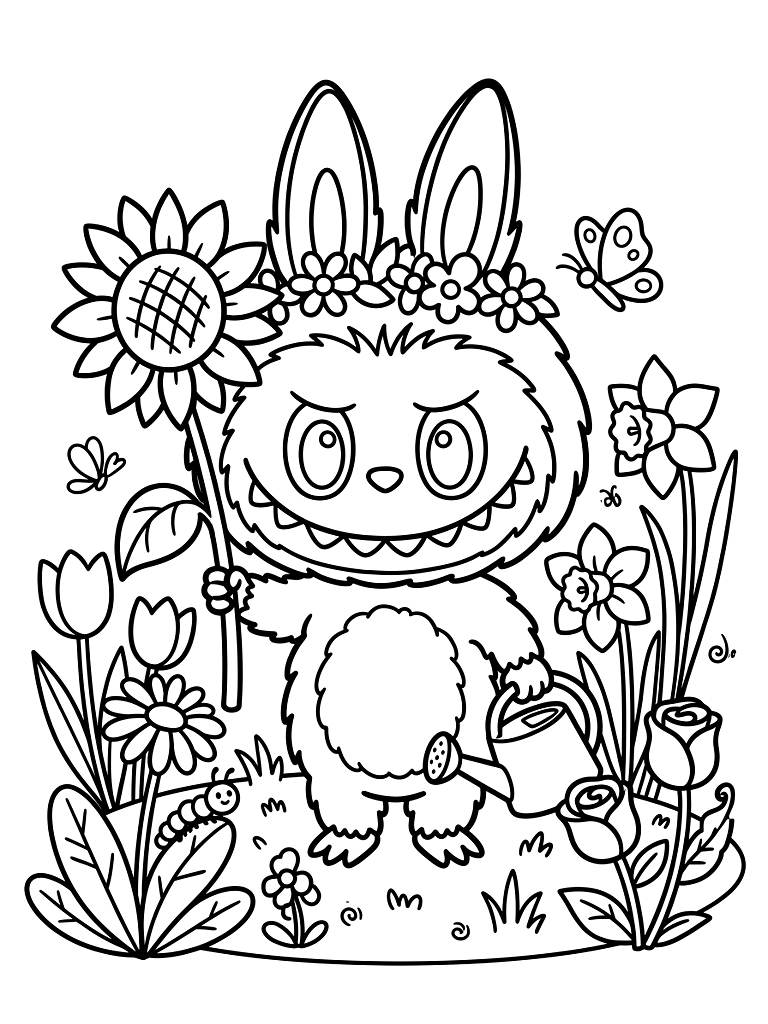 Labubu Flower Garden Series coloring page — free printable for kids and adults