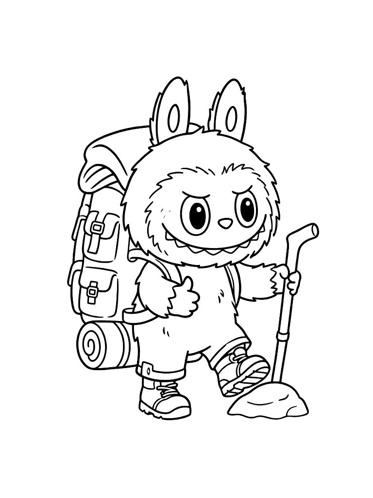 Labubu Hiking With Backpack coloring page — free printable for kids and adults