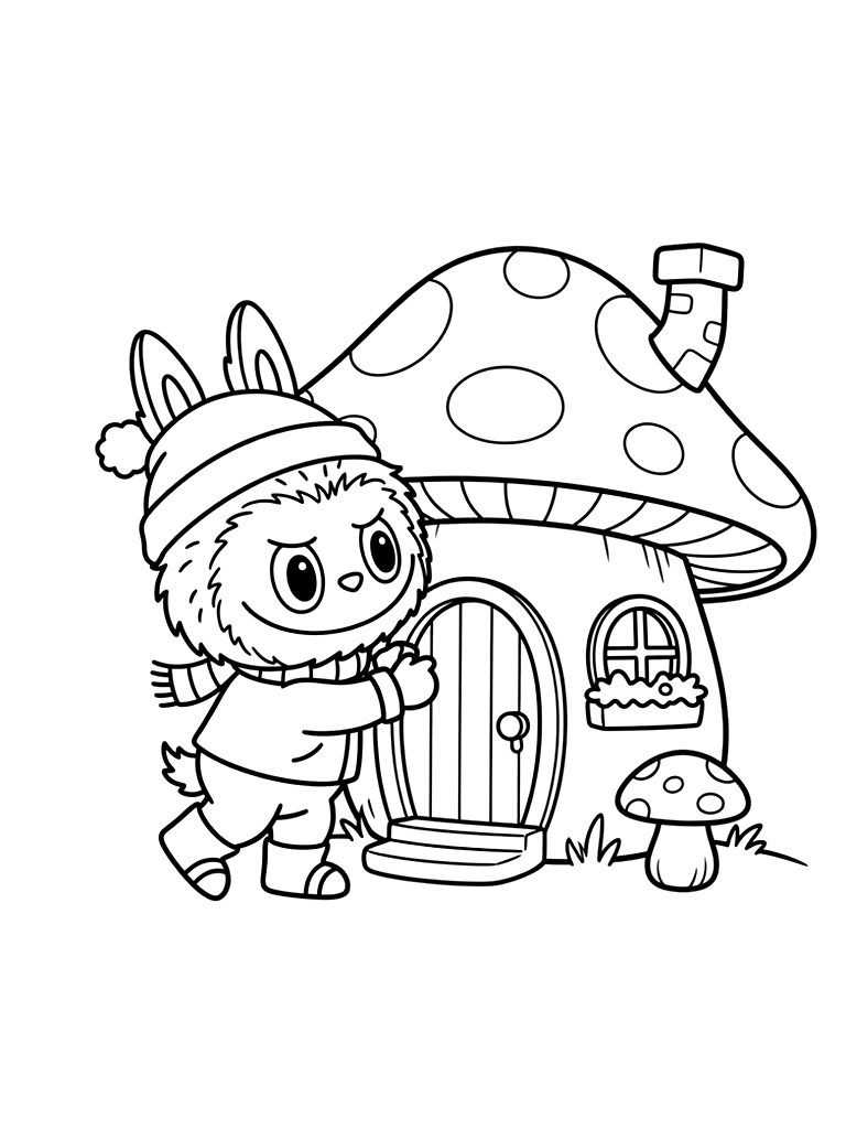 Labubu In Mushroom House Scene Coloring Page