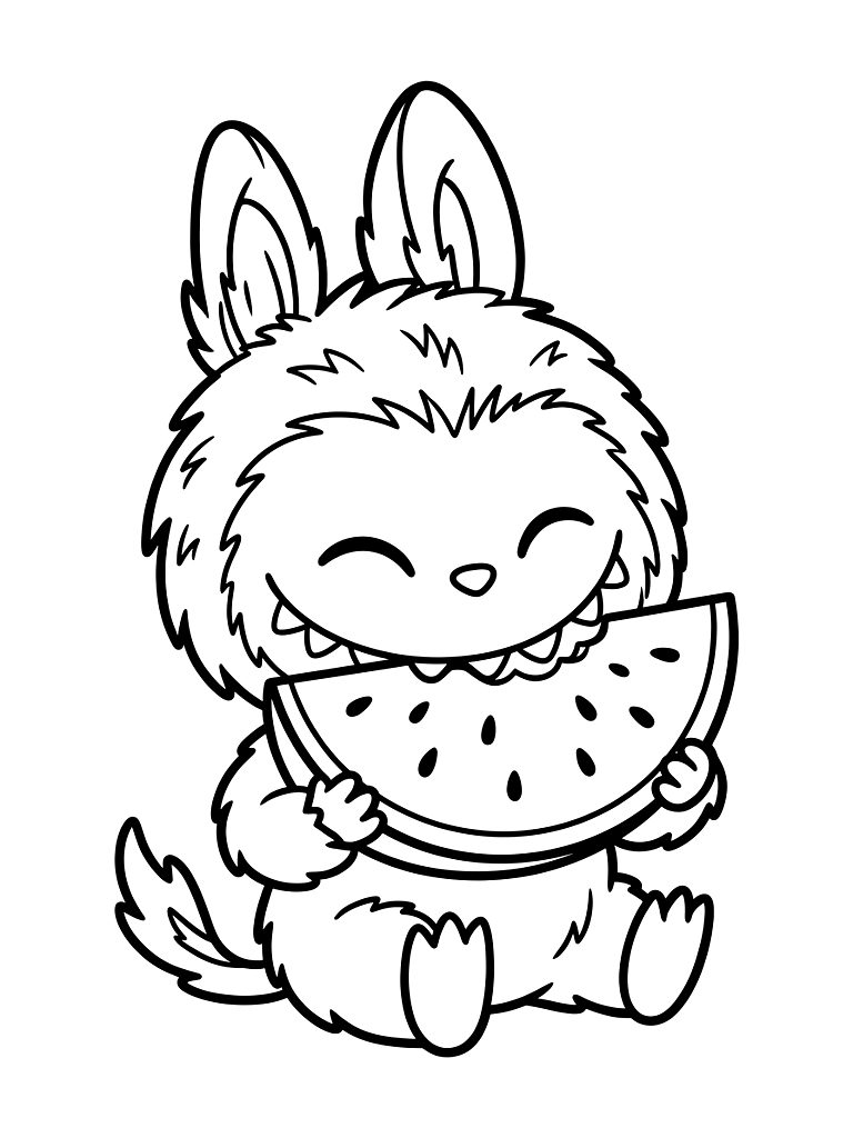 Labubu Monster Character Eating Summer Watermelon Coloring Page
