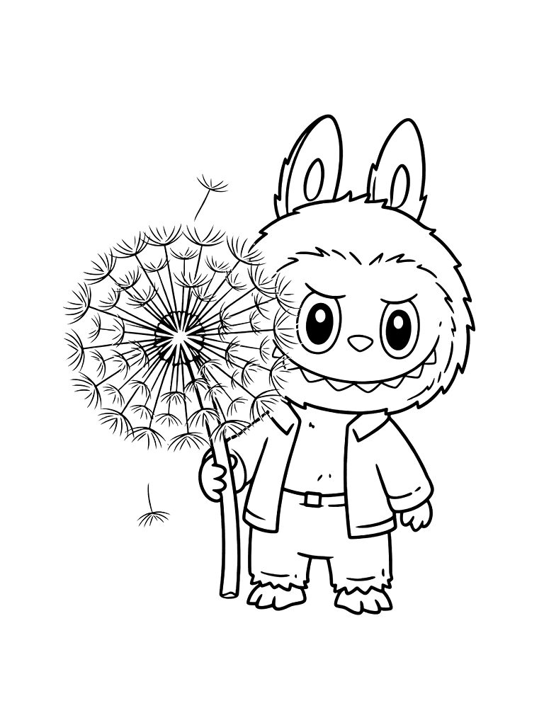 Labubu Monster Character Holding A Giant Fluffy Spring Dandelion Puff Coloring Page — free printable for kids and adults