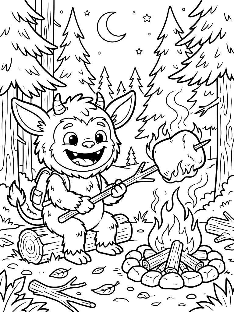 Labubu Monster Character Roasting A Giant Fluffy Marshmallow On A Stick Over A Cozy Crackling Campfire In A Pine Forest coloring page — free printable for kids and adults