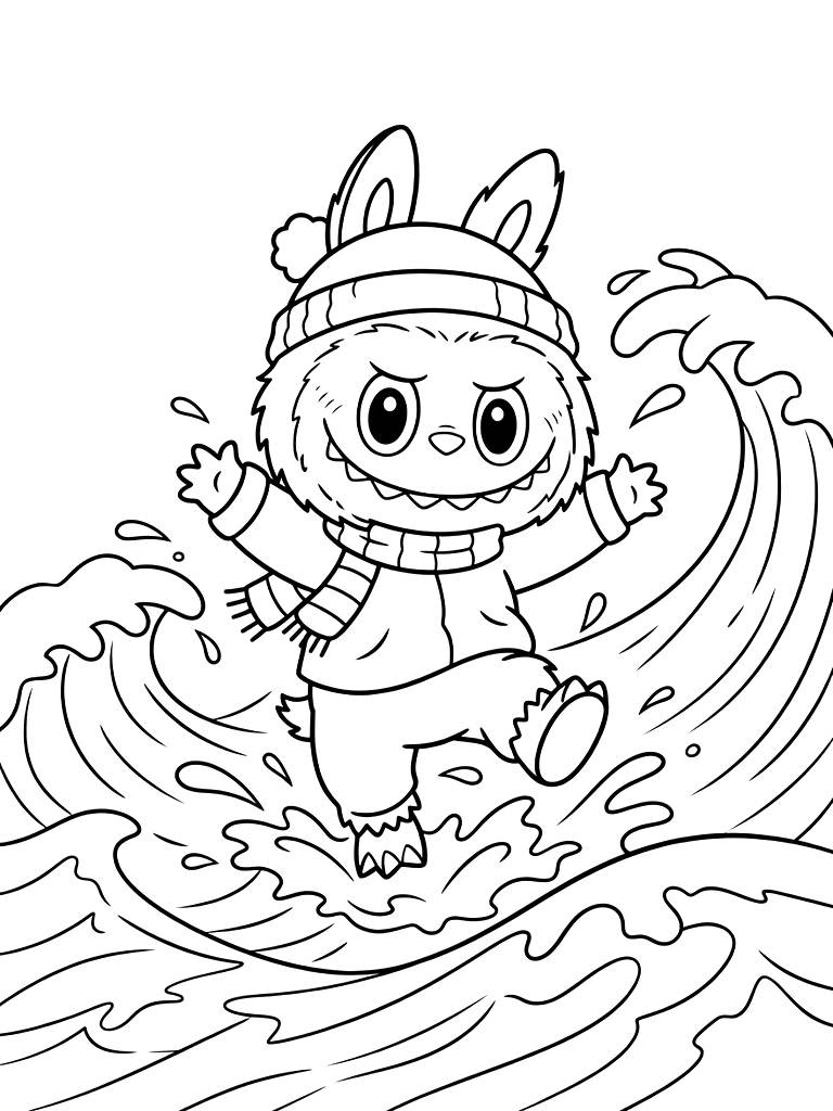 Labubu Playing In Ocean Waves coloring page — free printable for kids and adults