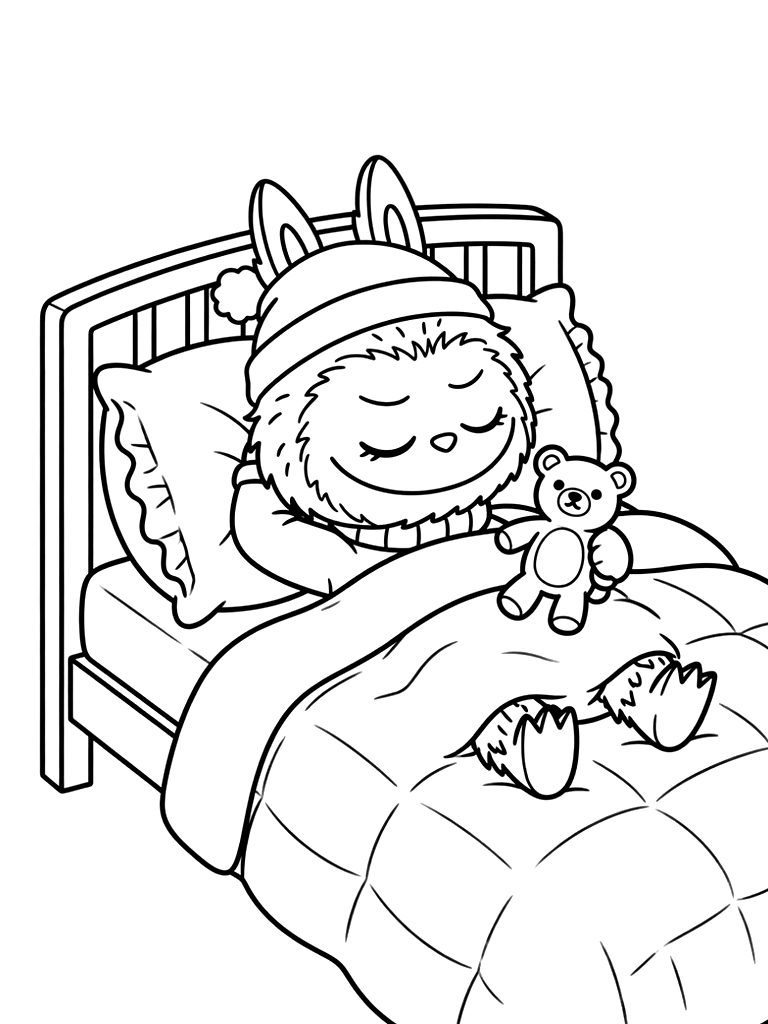 Labubu Relaxing In Bed Coloring Page