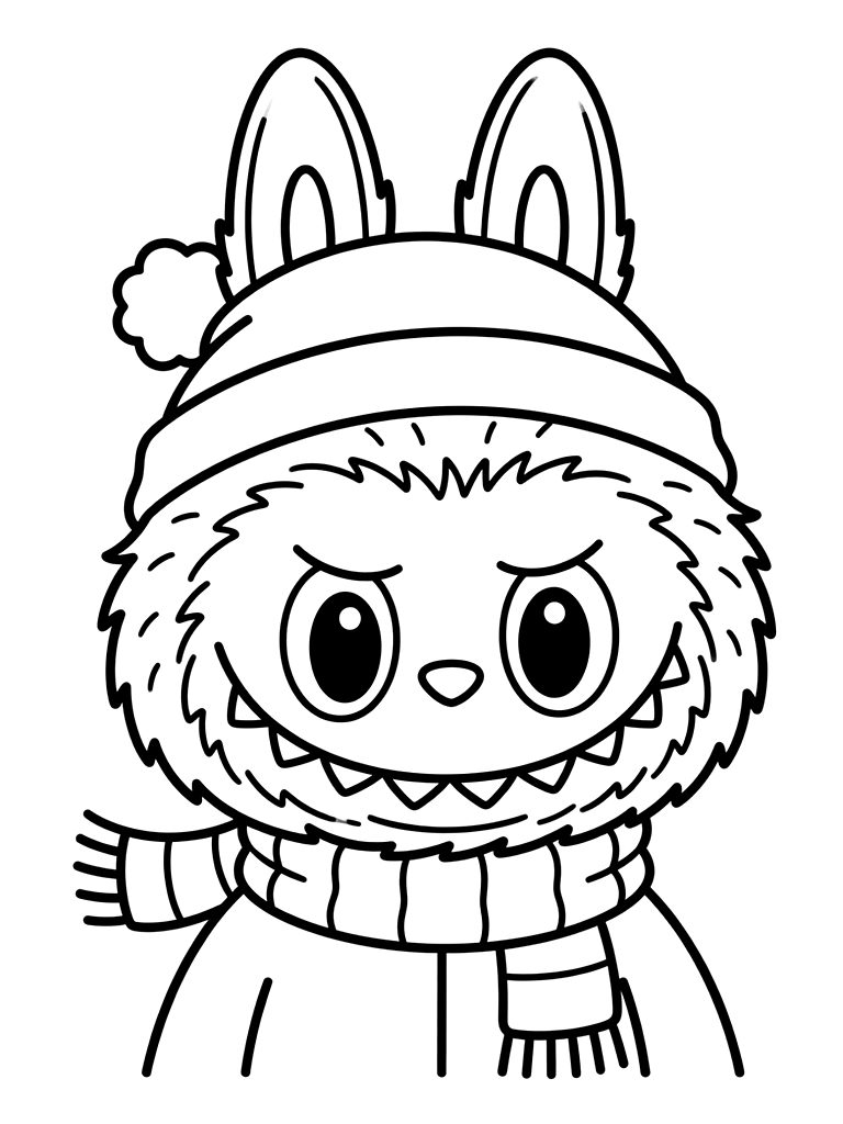 Labubu Smiling With Sharp Teeth Close-Up Coloring Page