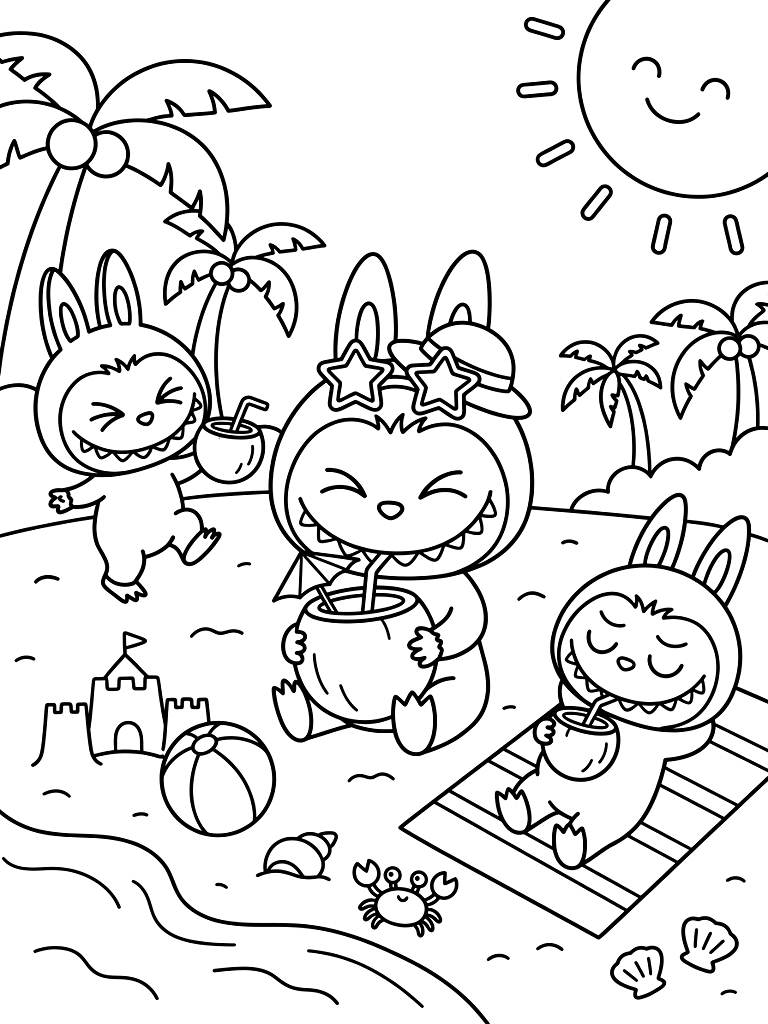 Labubu Summer Beach Party & Coconut Drinks coloring page — free printable for kids and adults