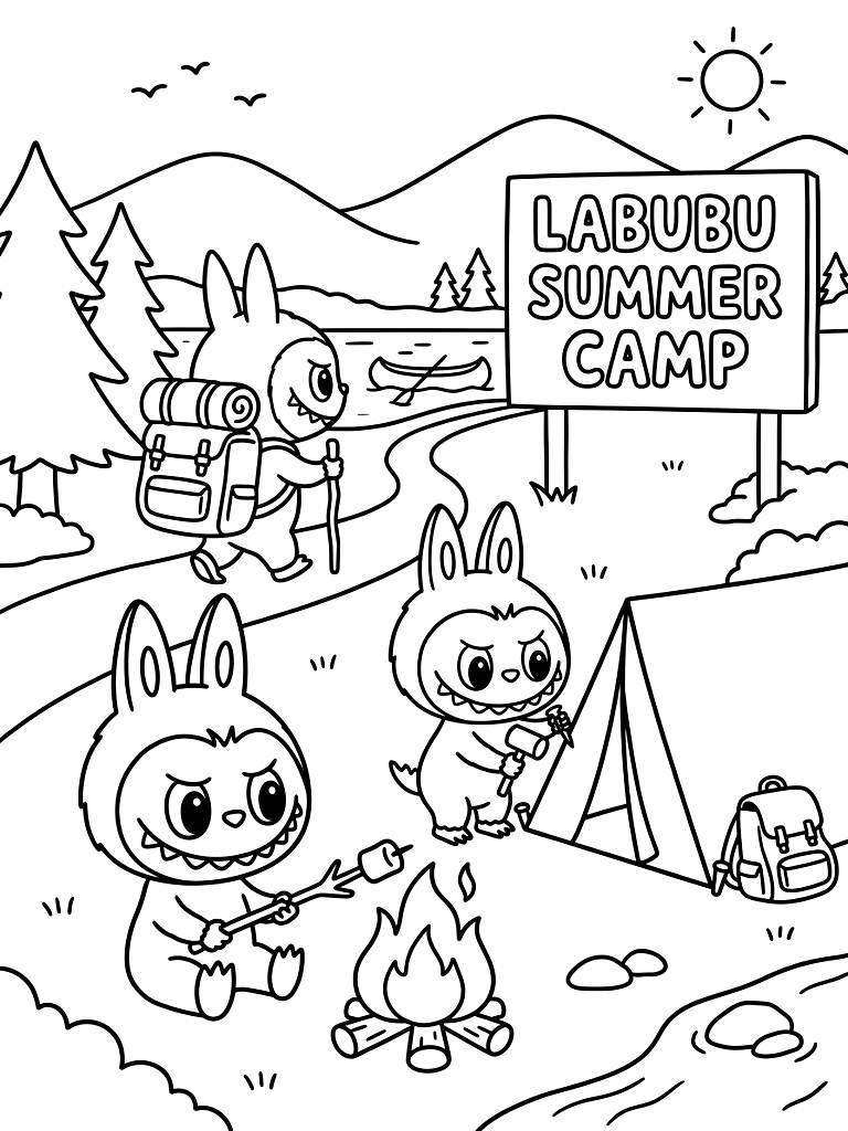 Labubu Summer Camp And Outdoor Adventures Coloring Page