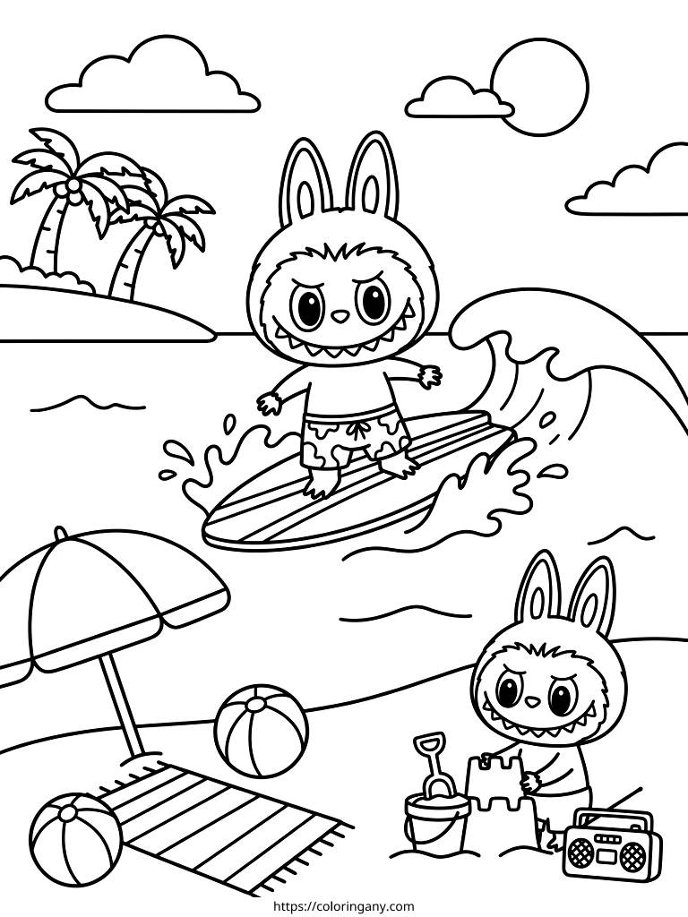 Labubu Summer Surfing & Beach Party Coloring Page