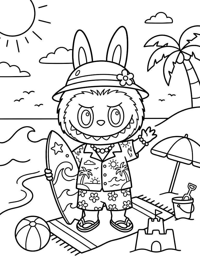 Labubu Summer Vacation And Beach Styles Coloring Page