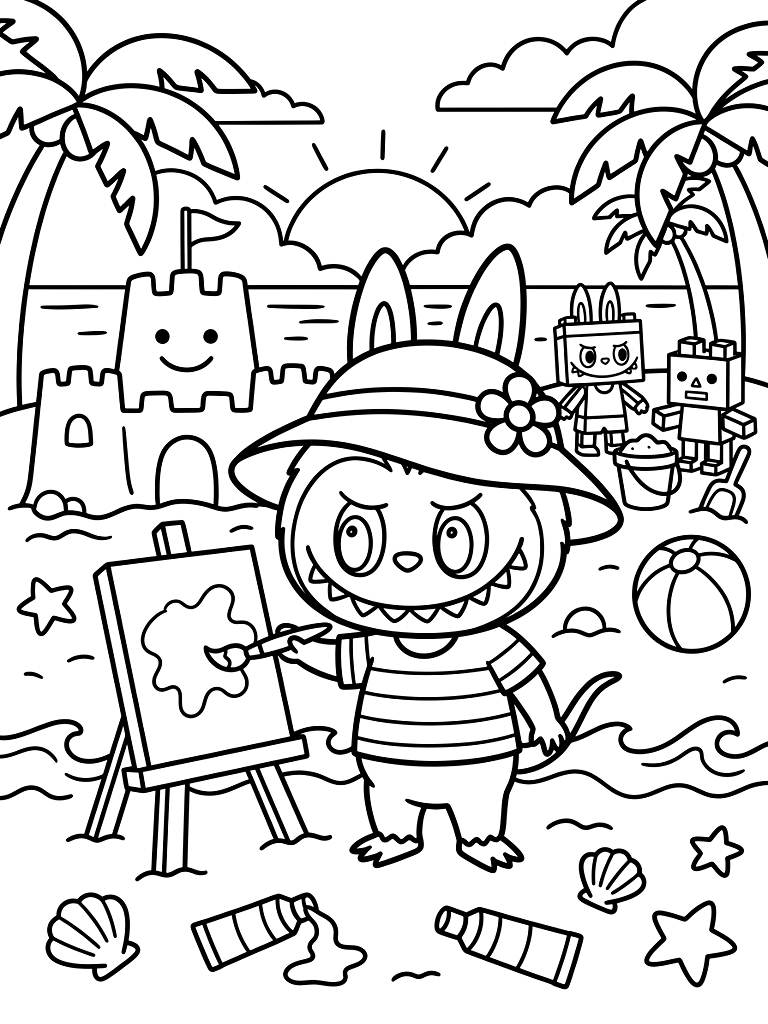Labubu Summer Vacation & Art Toys coloring page — free printable for kids and adults