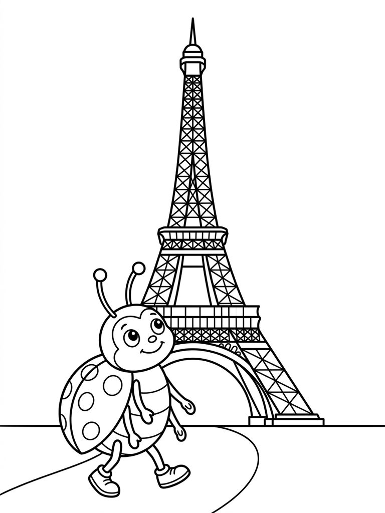 Ladybug In Front Of Eiffel Tower Coloring Page