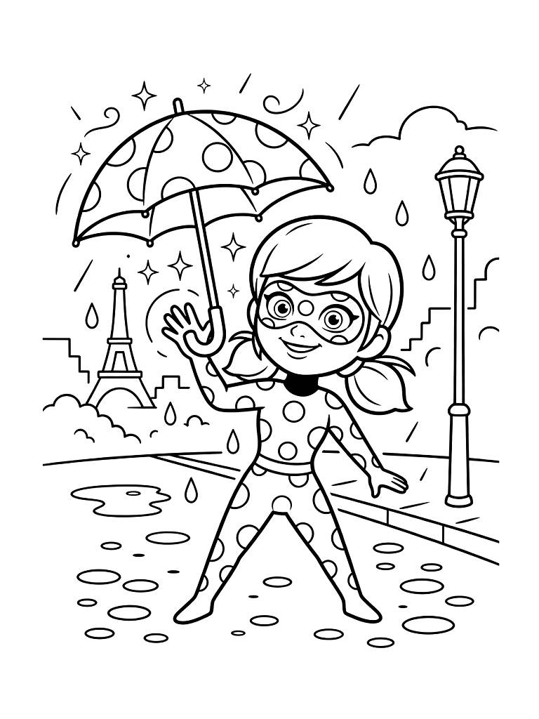 Ladybug Using Her Lucky Charm Power To Summon A Polka-dotted Umbrella In A Rainy Paris Street Coloring Page