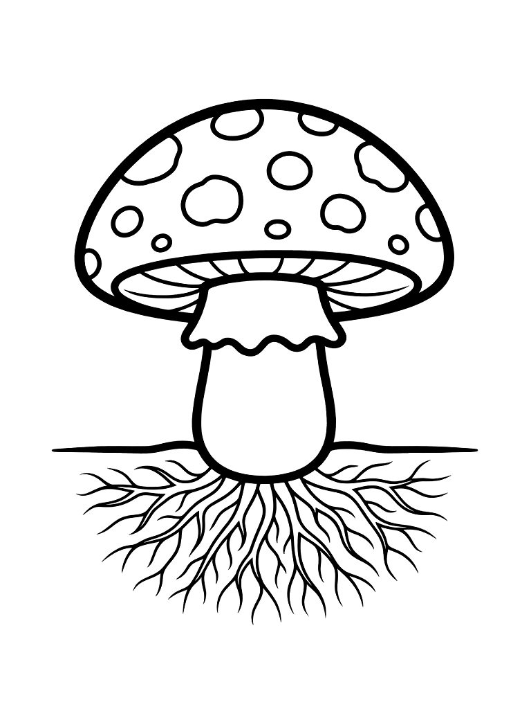 Large Amanita Muscaria Mushroom With A Detailed Underground View Showing Its Root-like Mycelium Network Coloring Page
