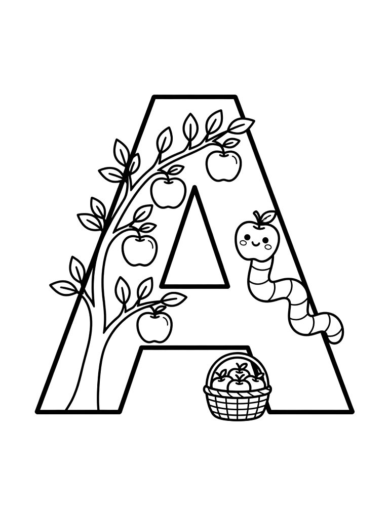 Large Capital Letter A Decorated With A Sweet Apple Tree Branch coloring page — free printable for kids and adults