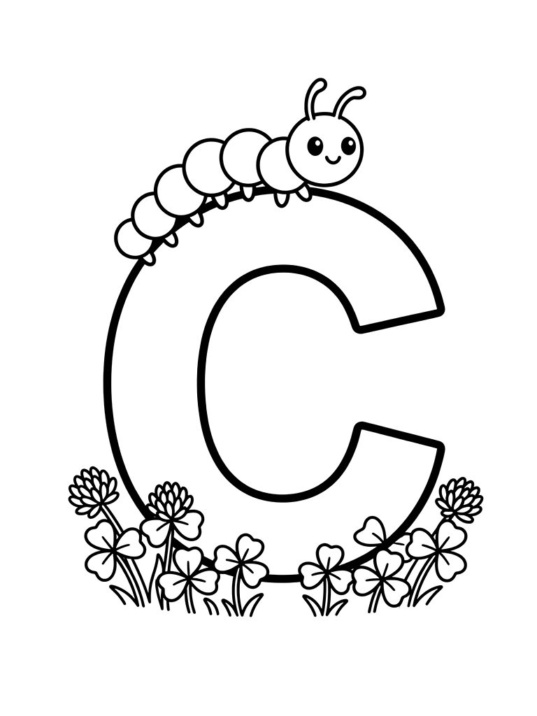 Large Capital Letter C Decorated With A Friendly Caterpillar And A Cluster Of Clover Flowers At The Base coloring page — free printable for kids and adults