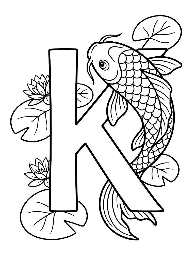 Large Capital Letter K Beautifully Intertwined With A Graceful Swimming Koi Fish And Elegant Floating Water Lily Pads coloring page — free printable for kids and adults